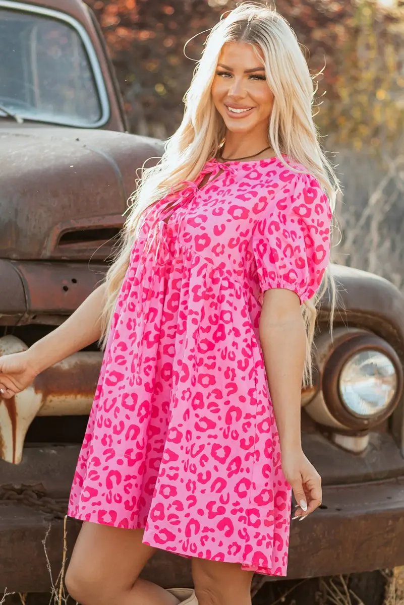 Rose Leopard Puff Sleeve Tie Front High Waist Mini Dress - Love Salve